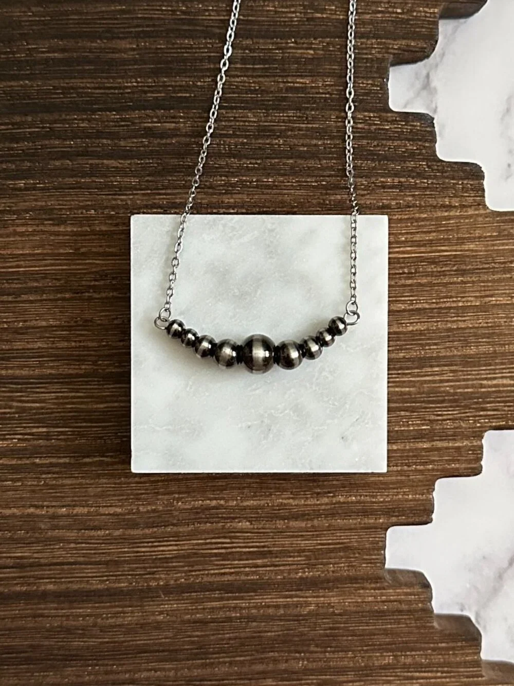 Handmade Brushed Steel Western Pearl 1.5 inch Graduated Bar Necklace 16 inch